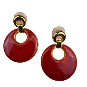 Vintage Womens Gold Tone & Red Enameled Circular Pierced Earrings